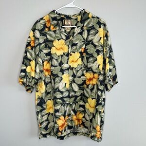 Tommy Bahama VTG Silk Hibiscus Tropical Floral Camp Shirt XL Blue Green Yellow